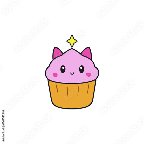 Cute Kawaii Cupcake Cat with Rosy Cheeks and Tiny Smile