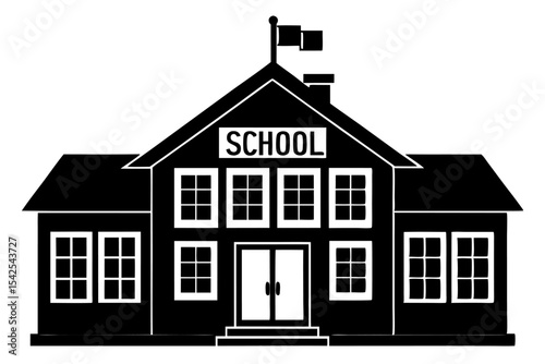 Black and White Cartoon School Building Illustration