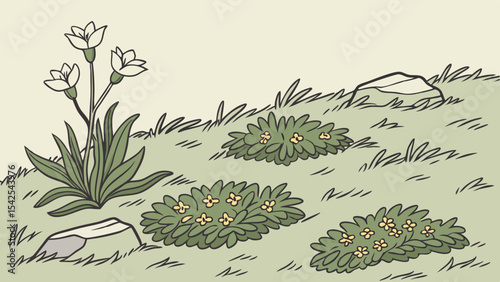 Illustration of white flowers and green bushes on a hillside landscape drawing for botanical art project 100