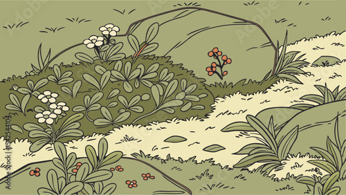 Illustration of a peaceful meadow scene with flowers plants and a rock formation in nature drawing