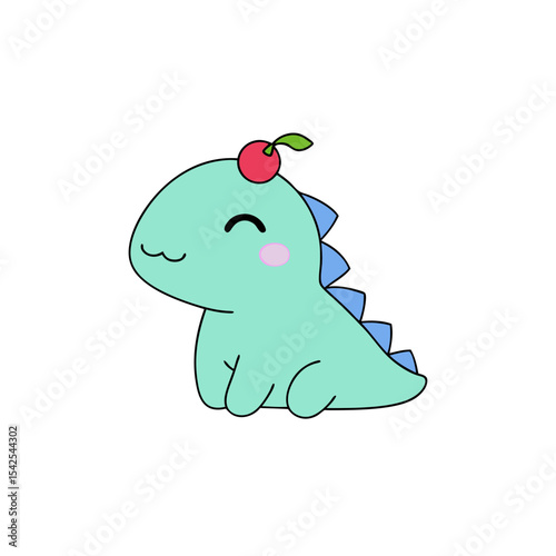 Cute Kawaii Dinosaur with Winking Face and Cherry