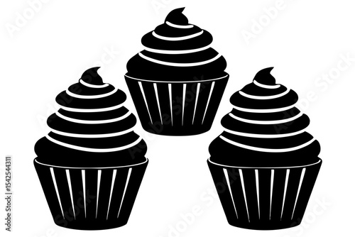 Three Black and White Swirl Cupcakes Cartoon monochrome