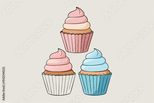 Three Cartoon Cupcakes Pink Blue and Peach Frosting