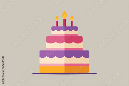 Three Tiered Birthday Cake Flat Design Illustration Pink Purple Orange Candles