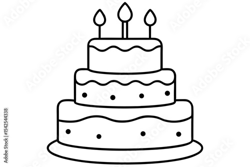 Three Tiered Birthday Cake Line Art Black White Illustration