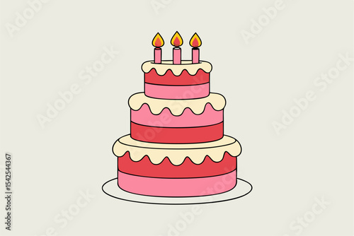 Three Tiered Pink and Red Birthday Cake with Candles