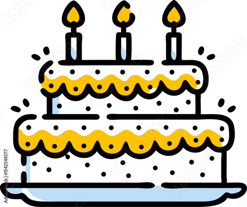 Two Layered Birthday Cake Three Candles Yellow Frosting Line Art