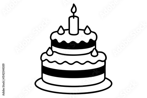 Two Tiered Birthday Cake Black White Line Art Illustration