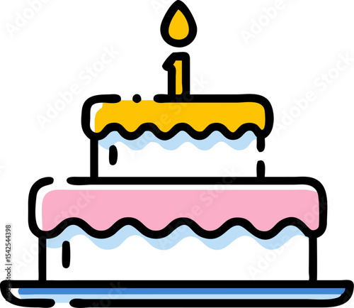 Two Tiered Birthday Cake Flat Design Illustration Yellow Candle Pink Frosting
