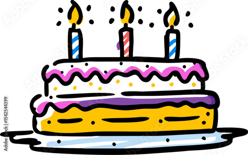 Two Tiered Birthday Cake Doodle Yellow Pink Purple Candles
