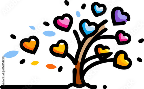 Whimsical Stylized Tree with Colorful Heart Leaves 2