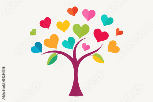 Whimsical Stylized Tree with Colorful Heart Leaves Brown Trunk
