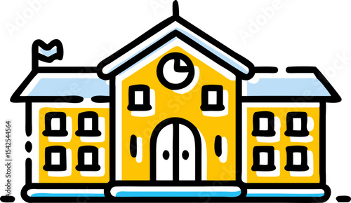 Yellow School Building Line Art Icon Clock Tower vector