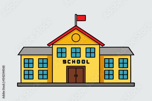 Yellow School Building Cartoon Flat Illustration Red Roof Blue Windows