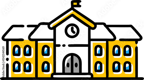 Yellow School Building Black Line Art Icon Clock Tower