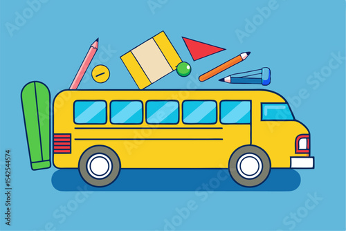 Yellow School Bus Cartoon Illustration with Colorful School Supplies