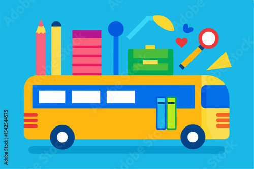 Yellow School Bus Cartoon Illustration with Colorful School Supplies 1