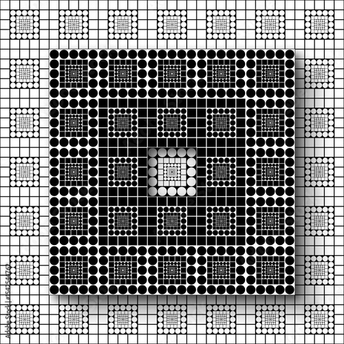 Minimilist complex fractal pattern featuring squares and circles arranged in a grid like structure design art vector