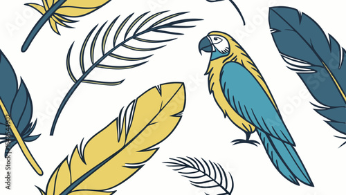 Seamless pattern of macaw parrot and feathers vector art, tropical bird and feather illustration design 100