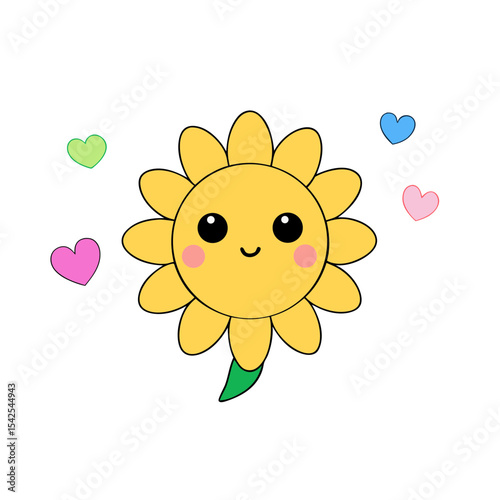 Kawaii Sunflower with Rosy Cheeks and Rainbow