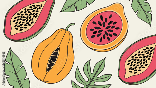 Papaya fruit illustration with tropical leaves vector design for summer food and healthy eating concept