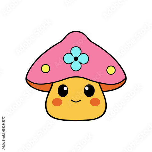 Cute Kawaii Mushroom with Rosy Cheeks and Flower