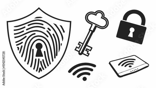 Digital Security Fingerprint, Key, Lock, & WiFi Network Protection Icons