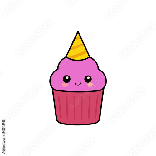 Cute Kawaii Cupcake with Rosy Cheeks and Party Hat