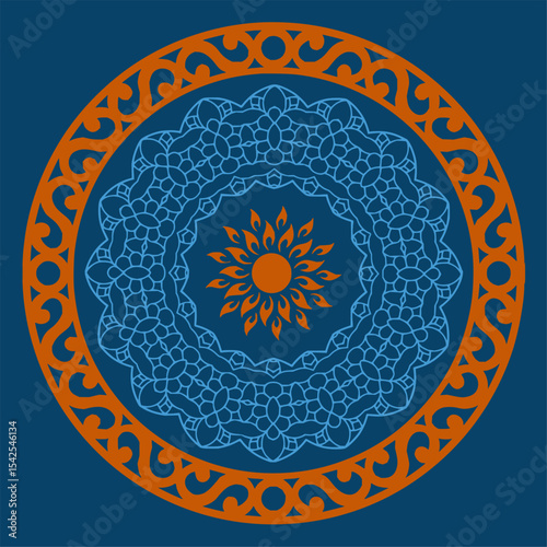 Minimilist circular design featuring a sunburst at the center surrounded by intricate floral and geometric patterns vector