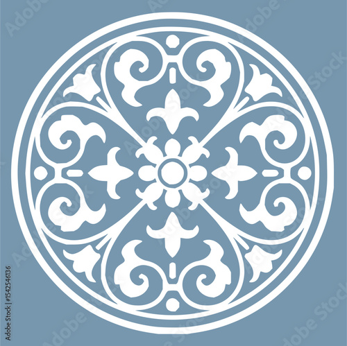 Minimilist circular decorative design with floral and scroll elements on a blue background in a symmetrical pattern vector
