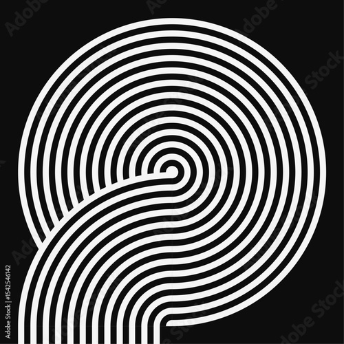 Minimilist illustration of a white striped pattern forming a spiral shape against a black background design element vector