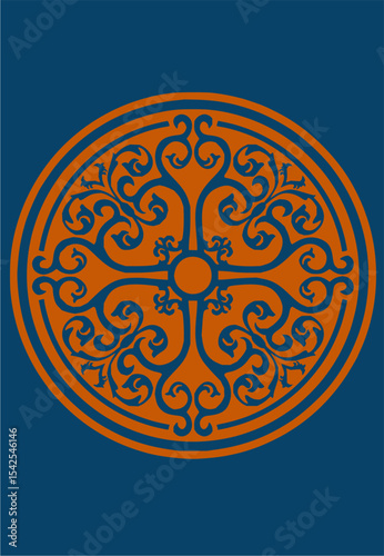 Minimilist circular ornate design with floral and swirl elements in blue and orange on a dark blue background image vector