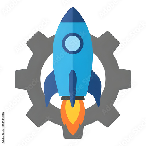 Graphic Depiction of Blue Rocket Ship Launching Behind Gear