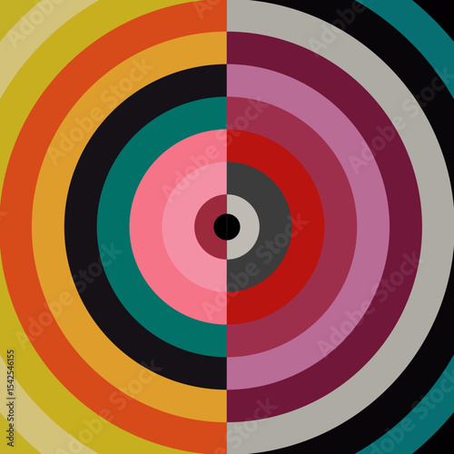 Minimilist circular pattern with concentric rings in contrasting colors split vertically down the center design art vector
