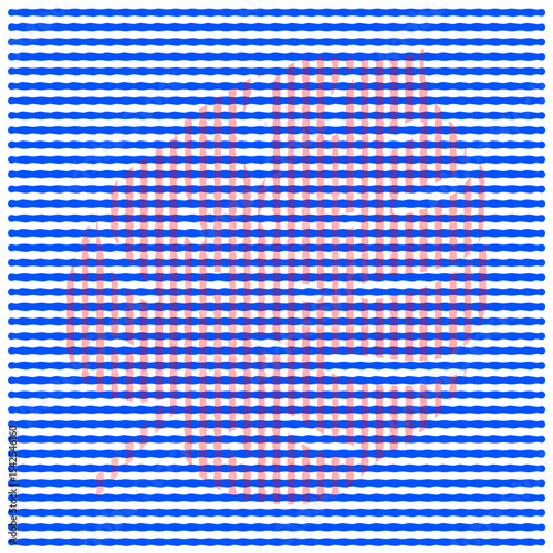 Minimilist red leaf shape overlaying blue horizontal lines creating an optical illusion style pattern design art vector