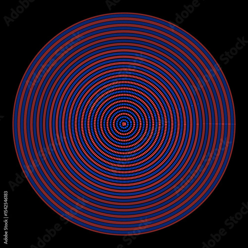 Minimilist circular pattern with concentric rings of alternating blue and red rectangles on a black background vector