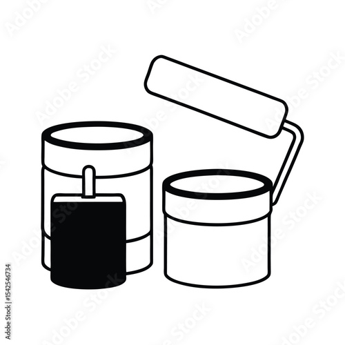 Stack of paint cans beside roller brush clean line scene Vector illustration