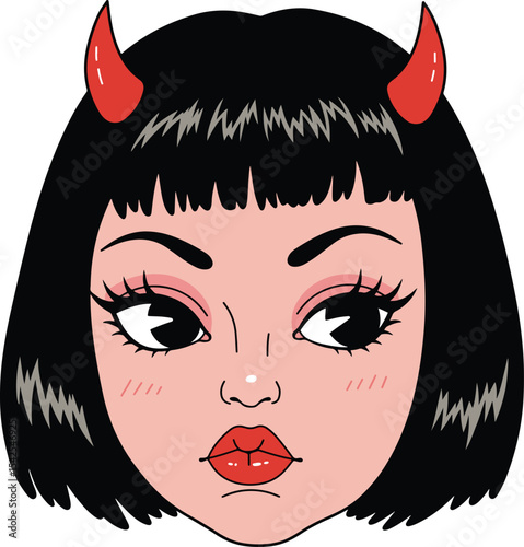 Cute Devil Girl with Red Horns Illustration