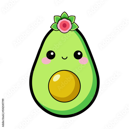 Cute Kawaii Avocado with Blushing Cheeks and Flower