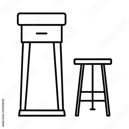 Bar stool beside kitchen island detailed outline in line art Vector illustration