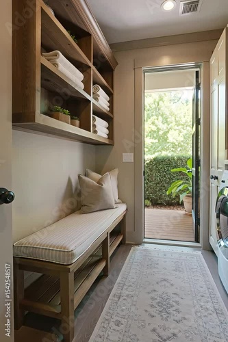 Laundry room with storage and seating area opens to outdoor patio in a modern home