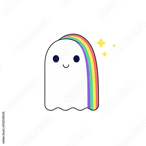 Cute Kawaii Ghost with Rosy Cheeks and Rainbow