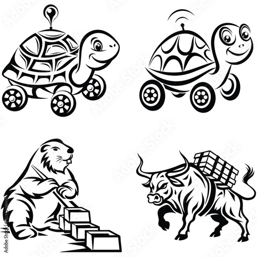 Whimsical Animal Illustrations Turtle Robots, Groundhog Builder, and Cargo Bull