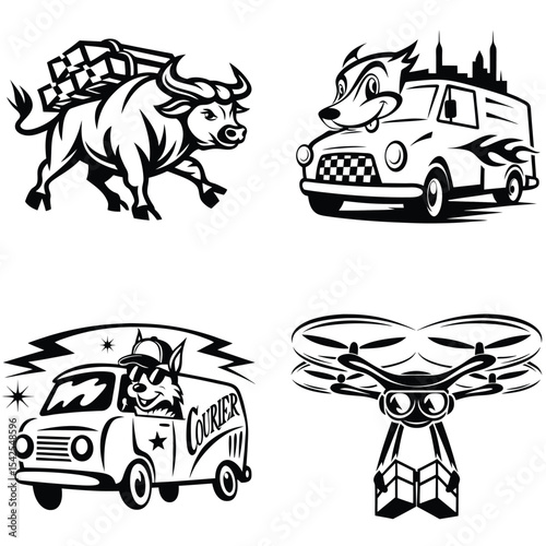 Delivery Service Mascot Illustrations Bull, Fox, and Drone Designs