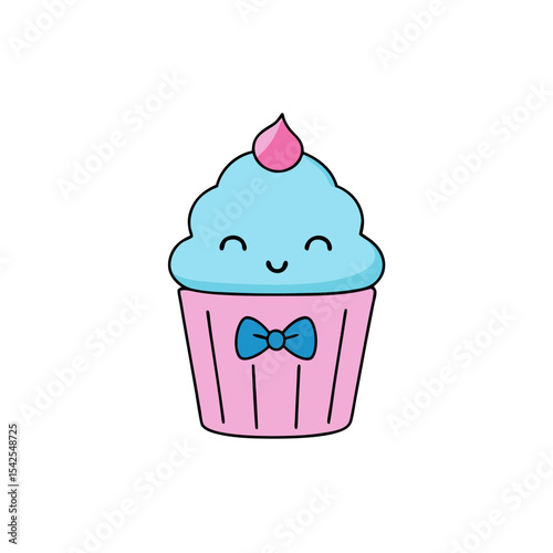 Cute Kawaii Cupcake with Winking Face and Bowtie