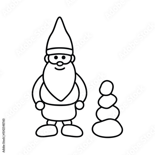 Decorative garden gnome by stepping stones clean line scene Vector illustration