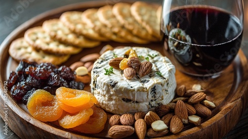 Rustic Cheese Board with Mixed Nuts, Dried Fruits, and Crackers Served with a Glass of Red Wine