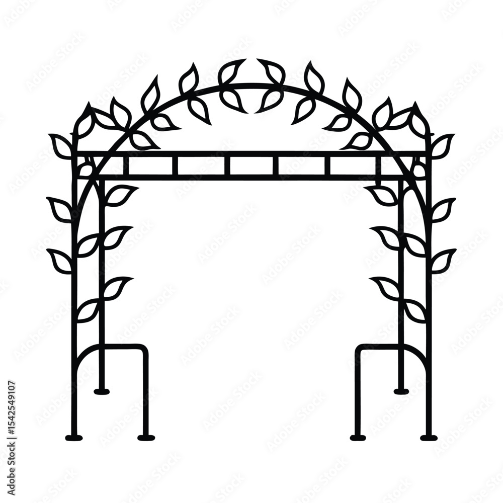 Garden bench under trellis with ivy vines clean line scene Vector illustration