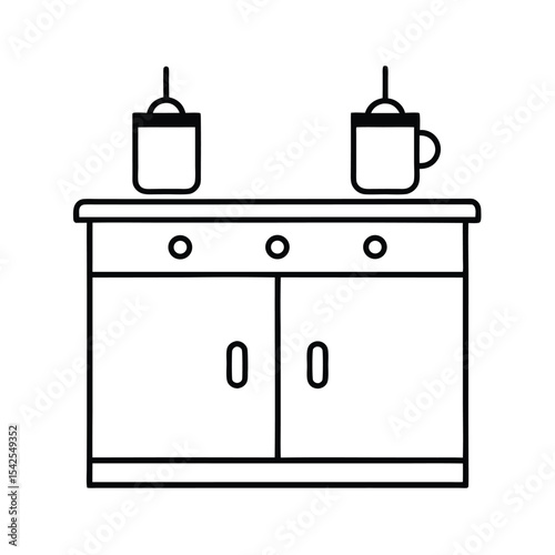 Kitchen cabinet with hanging mugs clean line scene Vector illustration