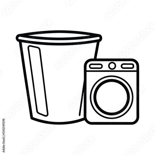 Laundry hamper beside washing machine clean line scene Vector illustration